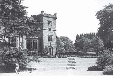 Breadsall Priory, south front,1950s. Rurret and coping stones on tower have been removed. Ornamental pond, right, overgrown (Derby Evening Telegraph)