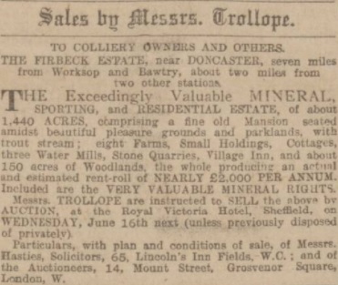 Firbeck Auction Notice Sheffield Daily Telegraph 15 May 1909