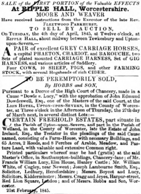 Ripple Hall - Gloucestershire Chronicle - 22 Mar 1845 -BNA