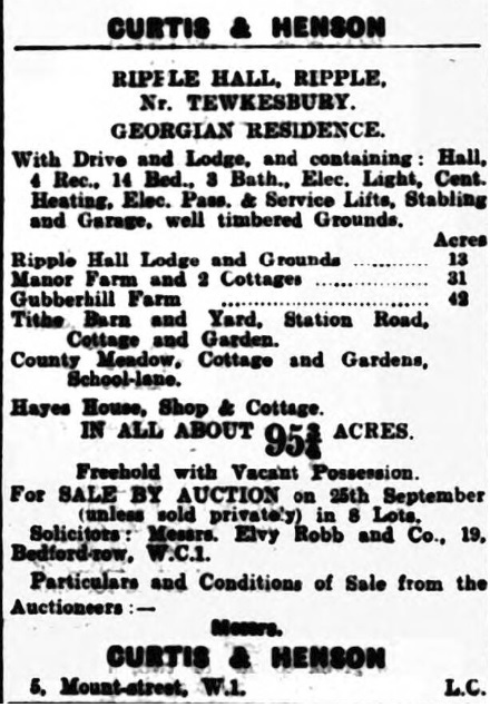 Ripple Hall - The Tewkesbury Register and Agricultural Gazette - 30 Aug 1930 - BNA